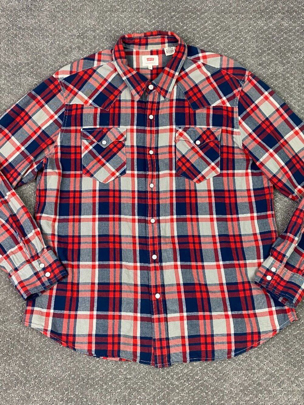 Levi's Pearl Snap Flannel Shirt Mens XL Red Blue Plaid